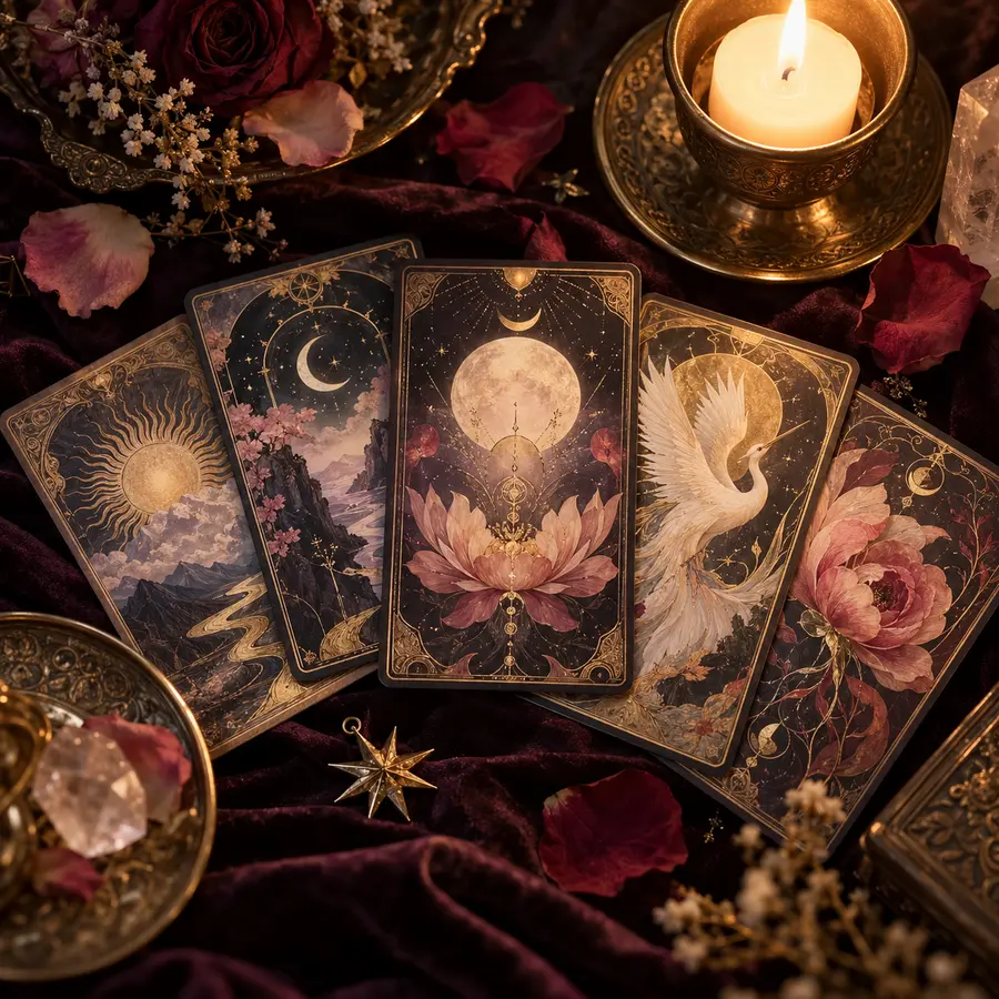 Oracle and tarot cards arranged for a sacred reading