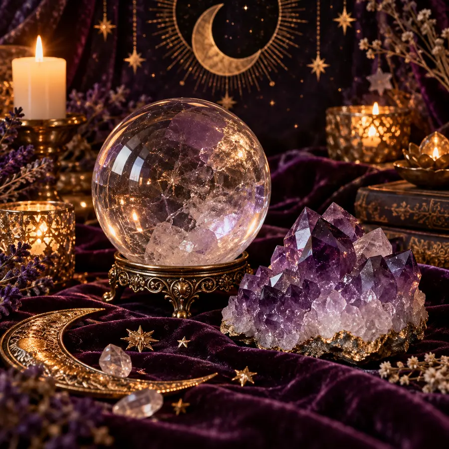 Crystal sphere and amethyst in a candlelit sacred setting