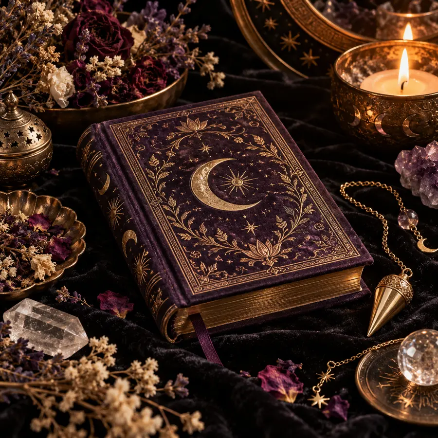 Celestial guidebook, pendulum, flowers, and candles