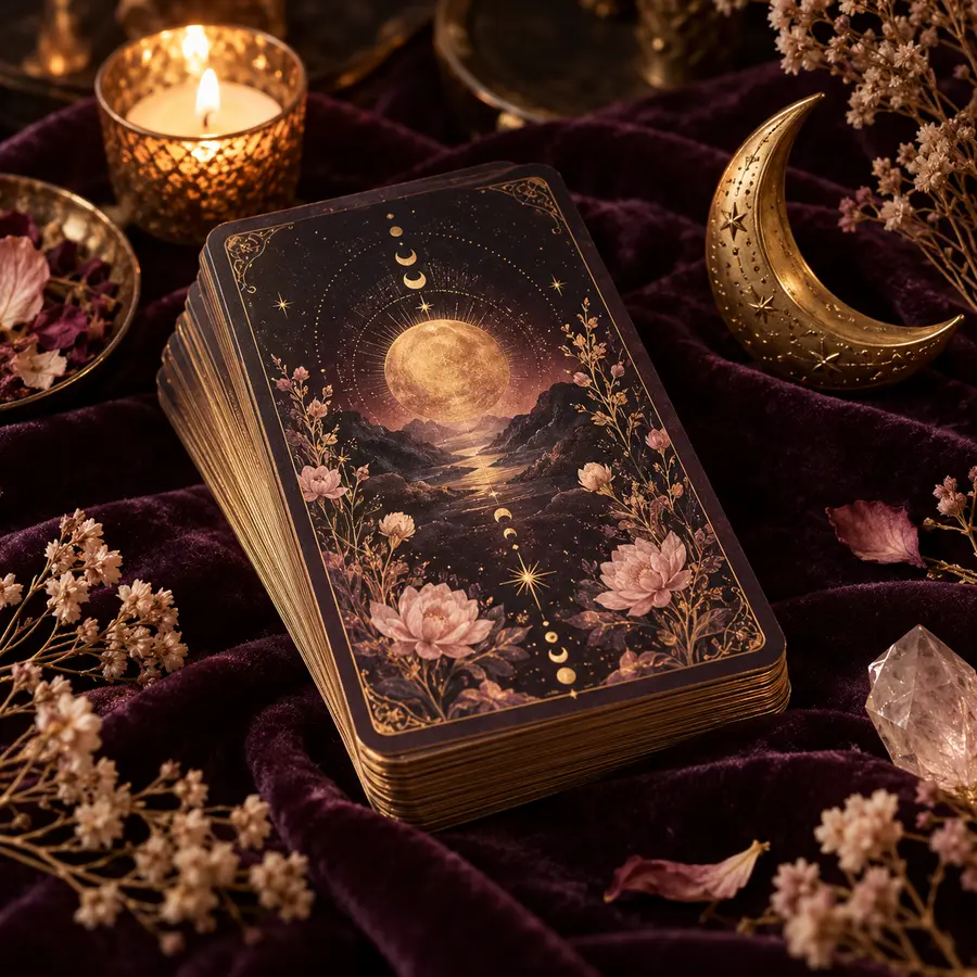 Oracle deck on plum velvet with a golden crescent moon